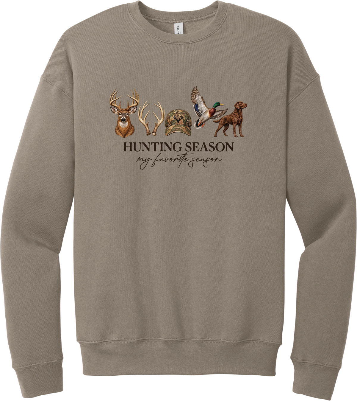 Hunting Season crewneck sweatshirt in Tan, featuring a whitetail buck, antlers, a camo cap, a flying mallard, and a chocolate lab above Hunting Season My Favorite Season lettering