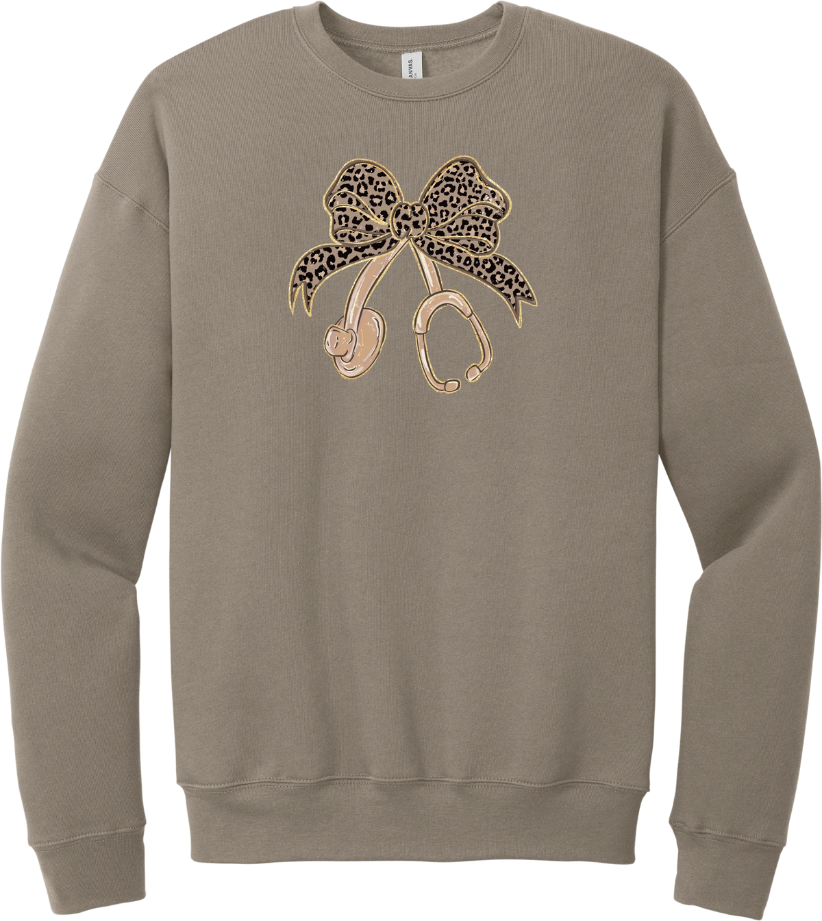 Leopard Bow Stethoscope crewneck sweatshirt in Tan, featuring a glittery leopard print coquette bow tied to a rose gold stethoscope