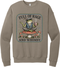 Full of Rage and Whimsy crewneck sweatshirt in Tan, featuring a dapper frog with a teacup sitting on a mushroom among wildflowers with Full of rage and whimsy