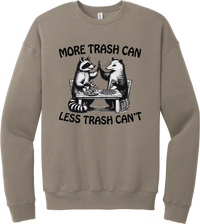 More Trash Can Less Trash Can't crewneck sweatshirt in Tan, featuring a raccoon and a possum high-fiving over pizza with More trash can less trash can't