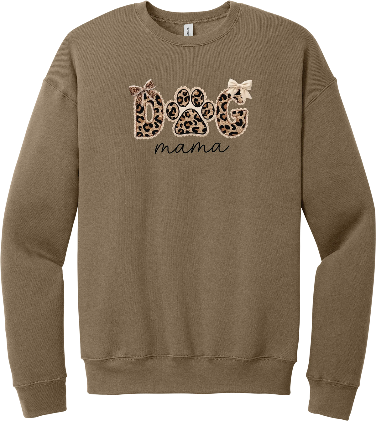 Autumn Dog Mama crewneck sweatshirt in Vintage Brown, featuring leopard print DOG letters with a paw print, cream bows, and mama script