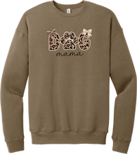Autumn Dog Mama crewneck sweatshirt in Vintage Brown, featuring leopard print DOG letters with a paw print, cream bows, and mama script