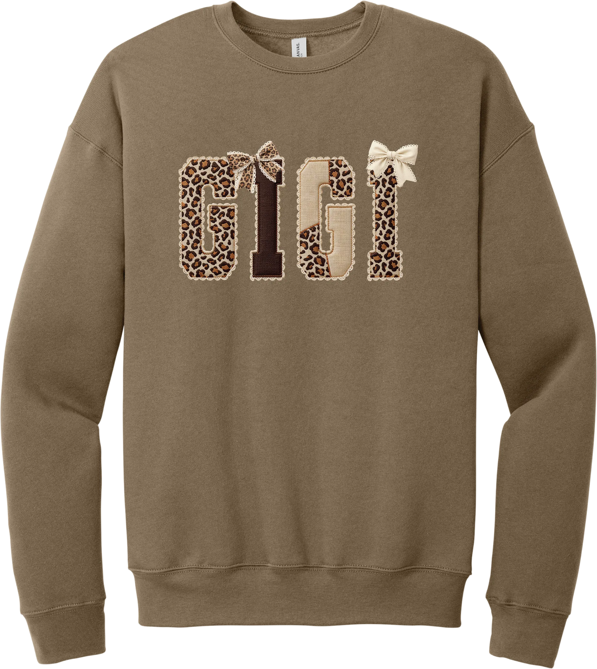 Grandma Leopard Applique crewneck sweatshirt in Vintage Brown, featuring GIGI spelled out in leopard, cream, and chocolate patches with a scalloped stitched applique look and two bows