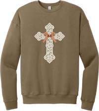 Vintage Lace Cross crewneck sweatshirt in Vintage Brown, featuring a cream floral lace cross tied with an orange gingham bow