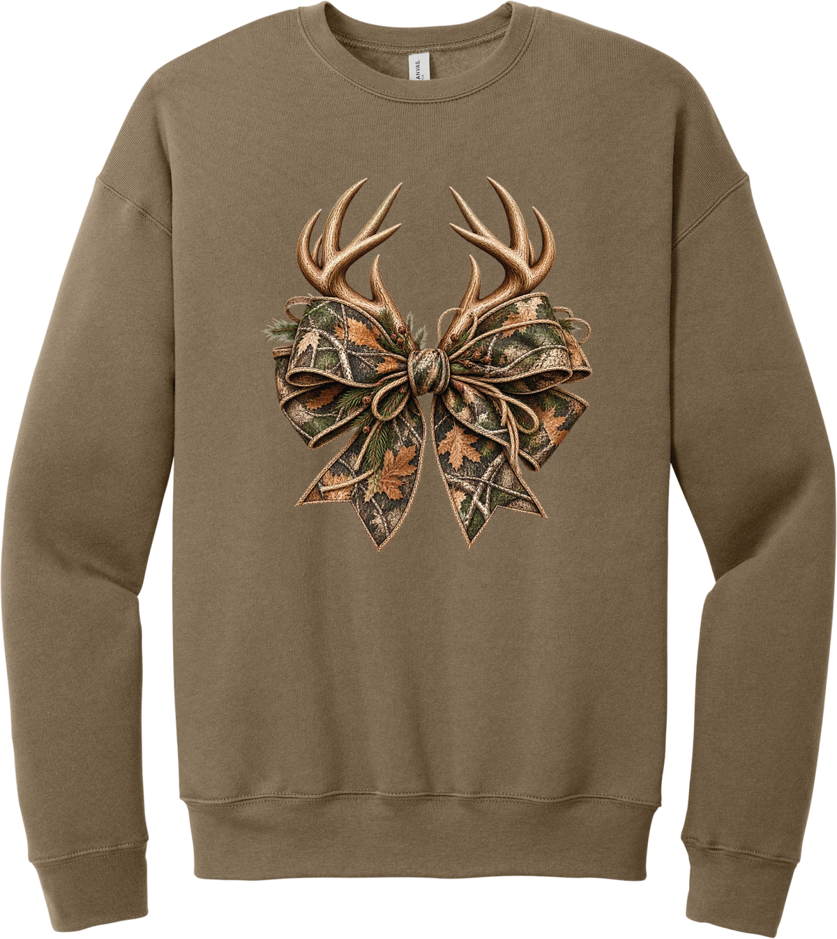 Coquette Antlers crewneck sweatshirt in Vintage Brown, featuring deer antlers tied with an oversized camo bow, twine, and autumn leaves