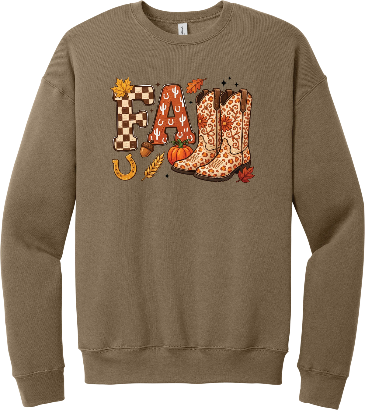 Boot Weather crewneck sweatshirt in Vintage Brown, featuring patchwork FALL letters with cowgirl boots, a pumpkin, and a horseshoe