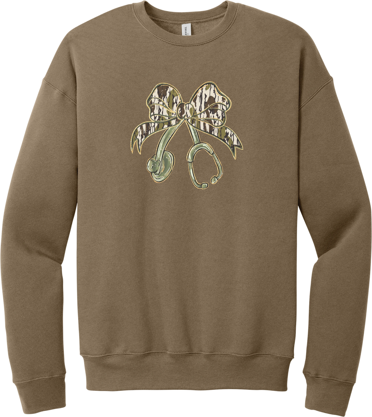 Camo Bow Stethoscope crewneck sweatshirt in Vintage Brown, featuring a glittery camo print coquette bow tied to a sage green stethoscope