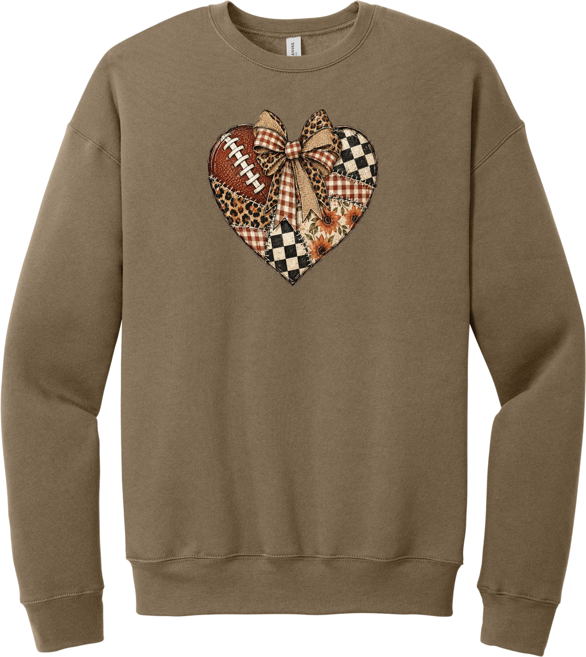For the Love of Football crewneck sweatshirt in Vintage Brown, featuring a patchwork heart in leopard, plaid, and checkerboard with a football and a cream bow