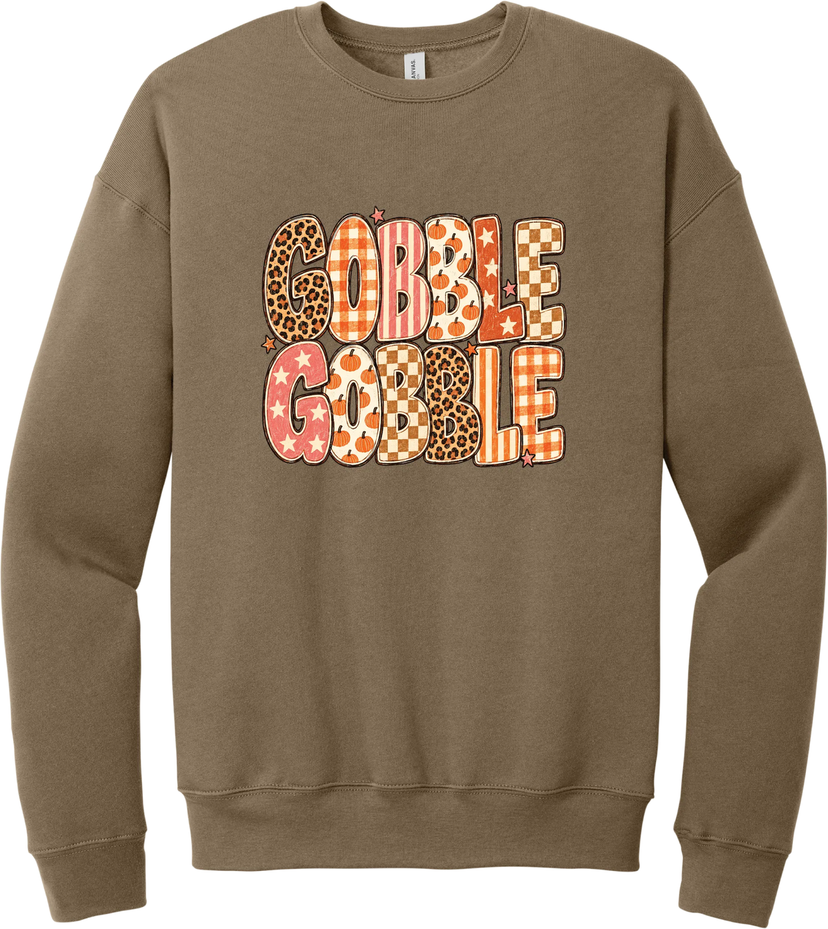 Gobble Gobble Patchwork crewneck sweatshirt in Vintage Brown, featuring Gobble Gobble in bubble letters filled with leopard, gingham, checkerboard, stars, and pumpkin prints