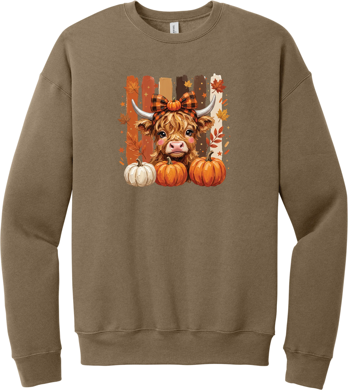Highland Cozy crewneck sweatshirt in Vintage Brown, featuring a fluffy highland cow calf in a buffalo check bow with pumpkins and painted autumn stripes