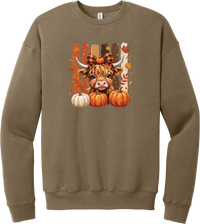 Highland Cozy crewneck sweatshirt in Vintage Brown, featuring a fluffy highland cow calf in a buffalo check bow with pumpkins and painted autumn stripes