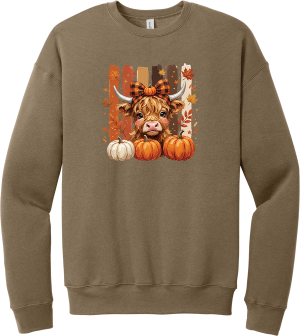 Highland Cozy crewneck sweatshirt in Vintage Brown, featuring a fluffy highland cow calf in a buffalo check bow with pumpkins and painted autumn stripes