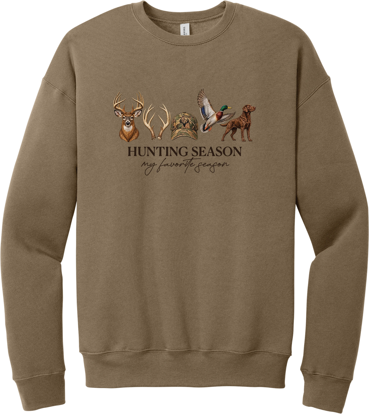 Hunting Season crewneck sweatshirt in Vintage Brown, featuring a whitetail buck, antlers, a camo cap, a flying mallard, and a chocolate lab above Hunting Season My Favorite Season lettering