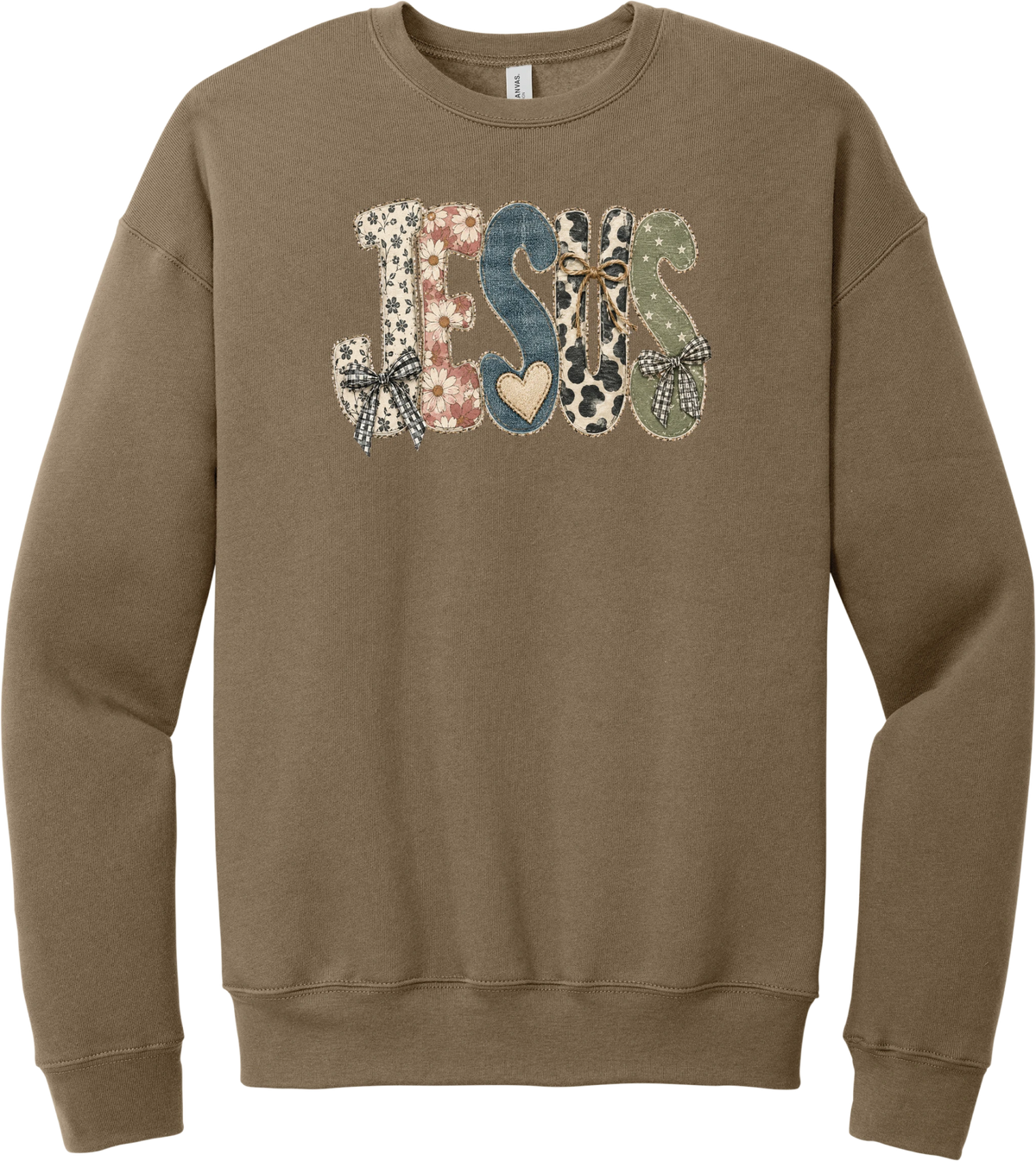 Jesus Patchwork crewneck sweatshirt in Vintage Brown, featuring JESUS in patchwork letters of floral, leopard, denim, and cow print with gingham bows and a heart