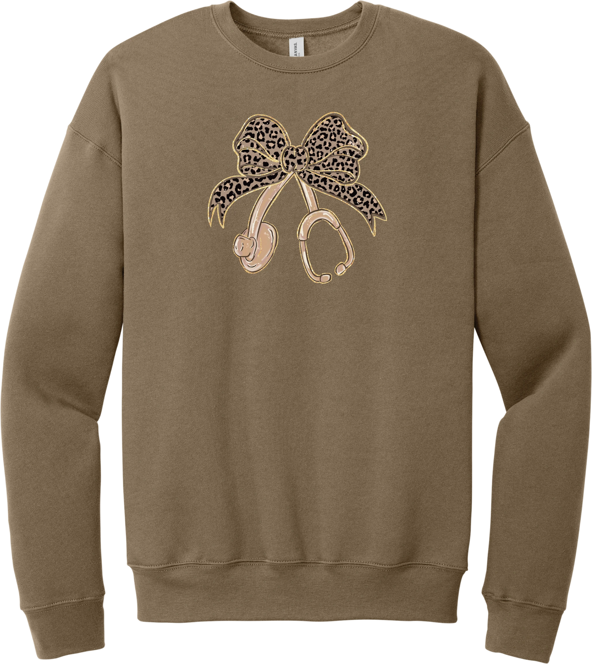 Leopard Bow Stethoscope crewneck sweatshirt in Vintage Brown, featuring a glittery leopard print coquette bow tied to a rose gold stethoscope