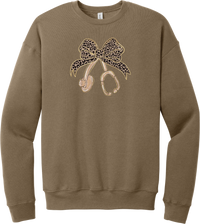 Leopard Bow Stethoscope crewneck sweatshirt in Vintage Brown, featuring a glittery leopard print coquette bow tied to a rose gold stethoscope