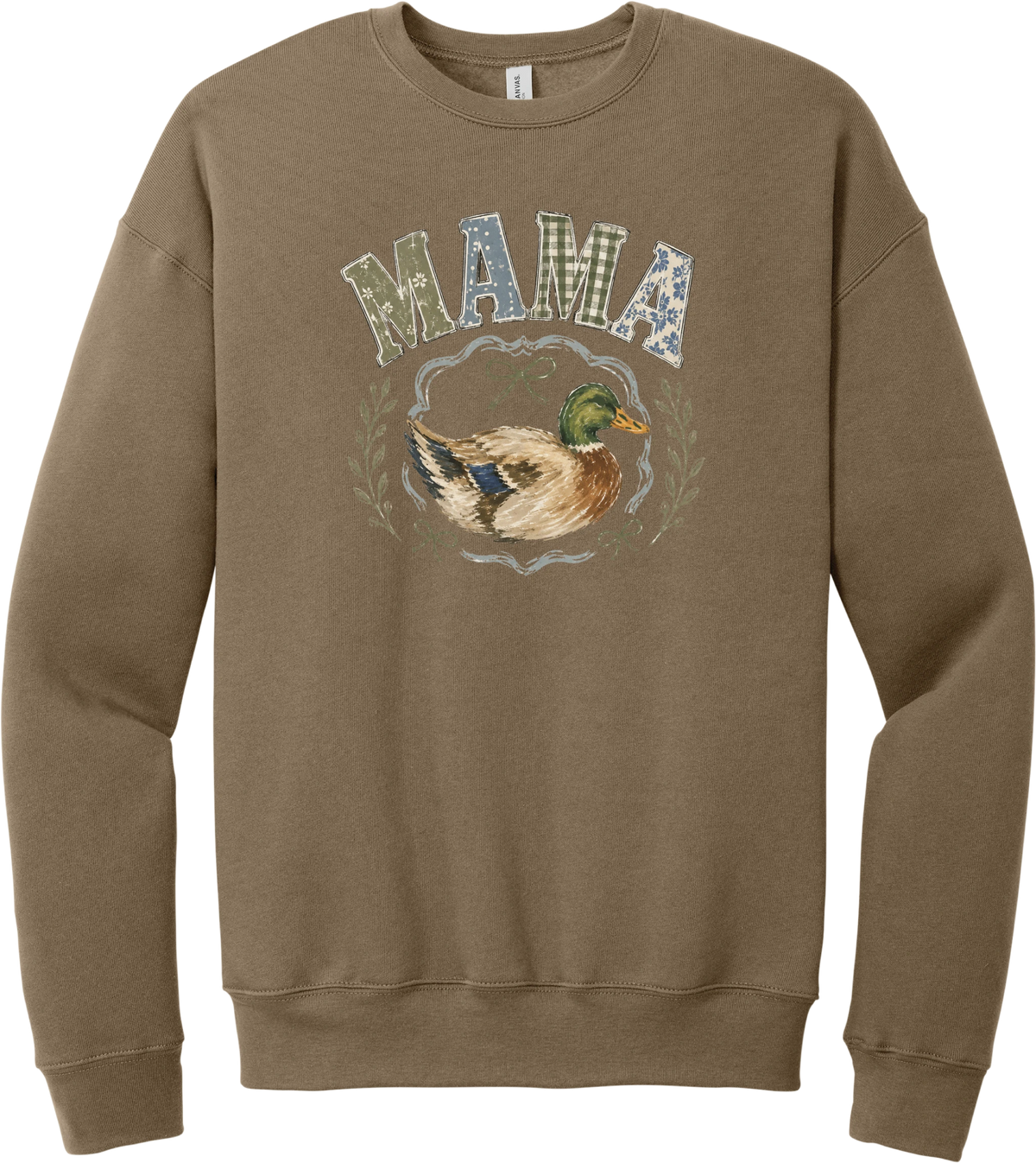 Mallard Mama crewneck sweatshirt in Vintage Brown, featuring MAMA in gingham and floral patchwork letters above a hand-painted mallard framed by ribbons and laurel sprigs