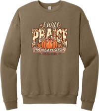 Praise Him Pumpkin crewneck sweatshirt in Vintage Brown, featuring I Will Praise Him in Every Season in leopard varsity letters with a pumpkin, a pink bow, and Psalm 146:2